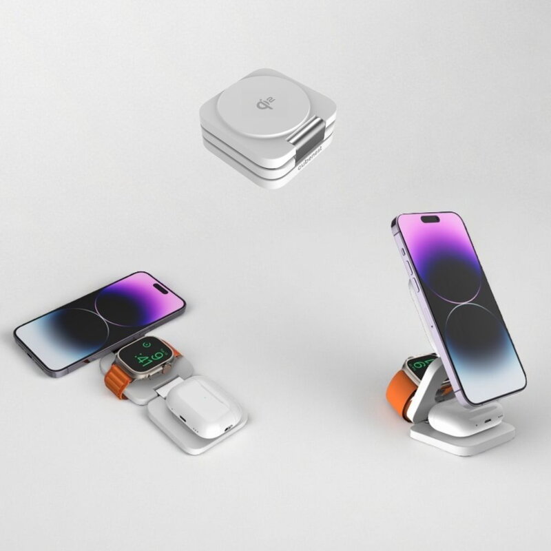 Cubenest Qi2 Încărcător pliabil magnetic wireless 3 în 1 EQ310 alb