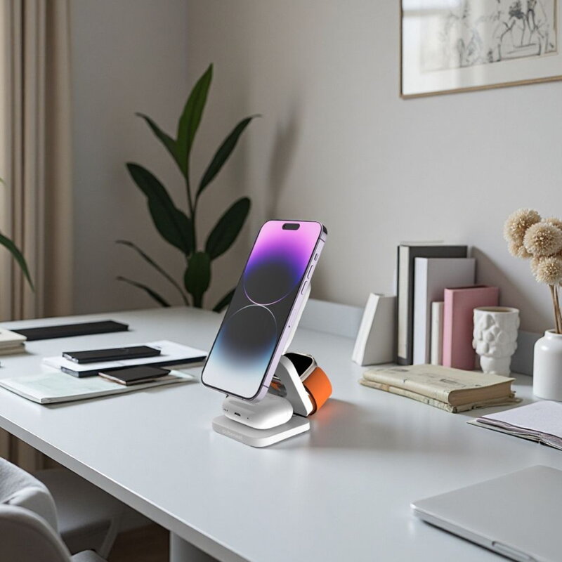 Cubenest Qi2 Încărcător pliabil magnetic wireless 3 în 1 EQ310 alb