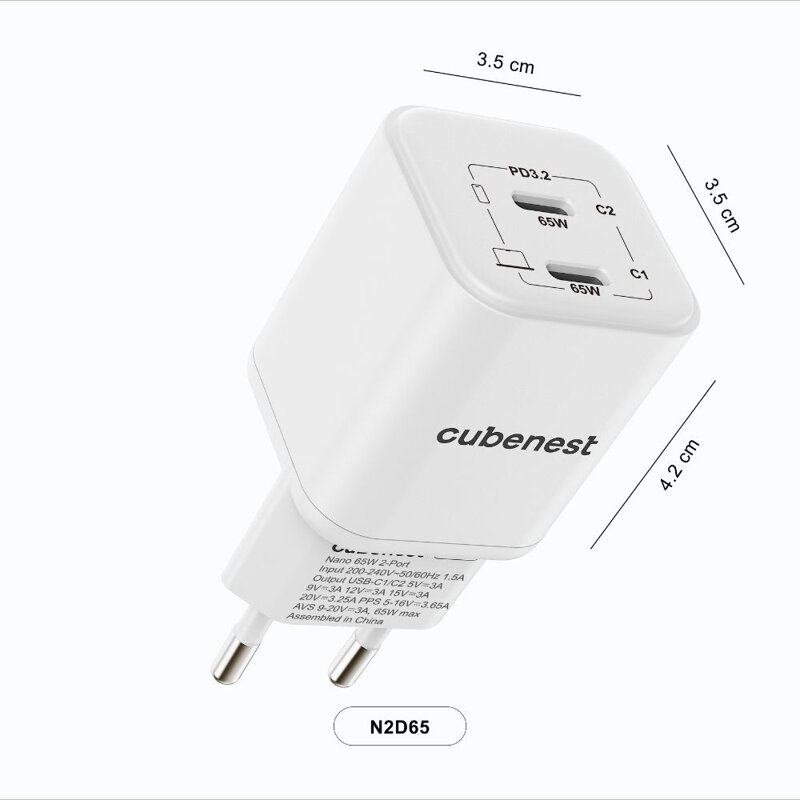Cubenest PD GaN Nano Încărcător 2xUSB-C 65W N2D65