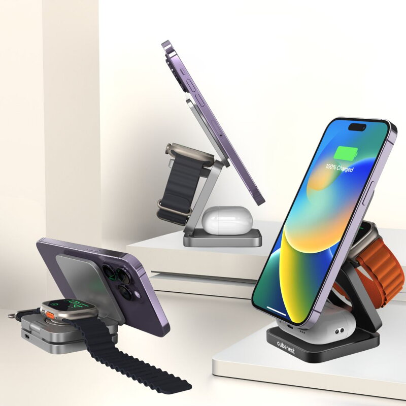 Cubenest Încărcător pliabil magnetic wireless 3 în 1 S312 Pro negru
