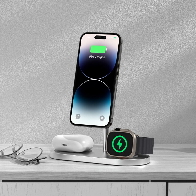 Cubenest Încărcător magnetic wireless 3 în1 S313 Pro argintiu