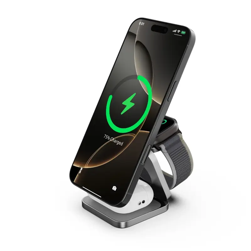 Cubenest Qi2.2 Încărcător magnetic wireless pliabil 3 în 1 SQ312 Ultra gri