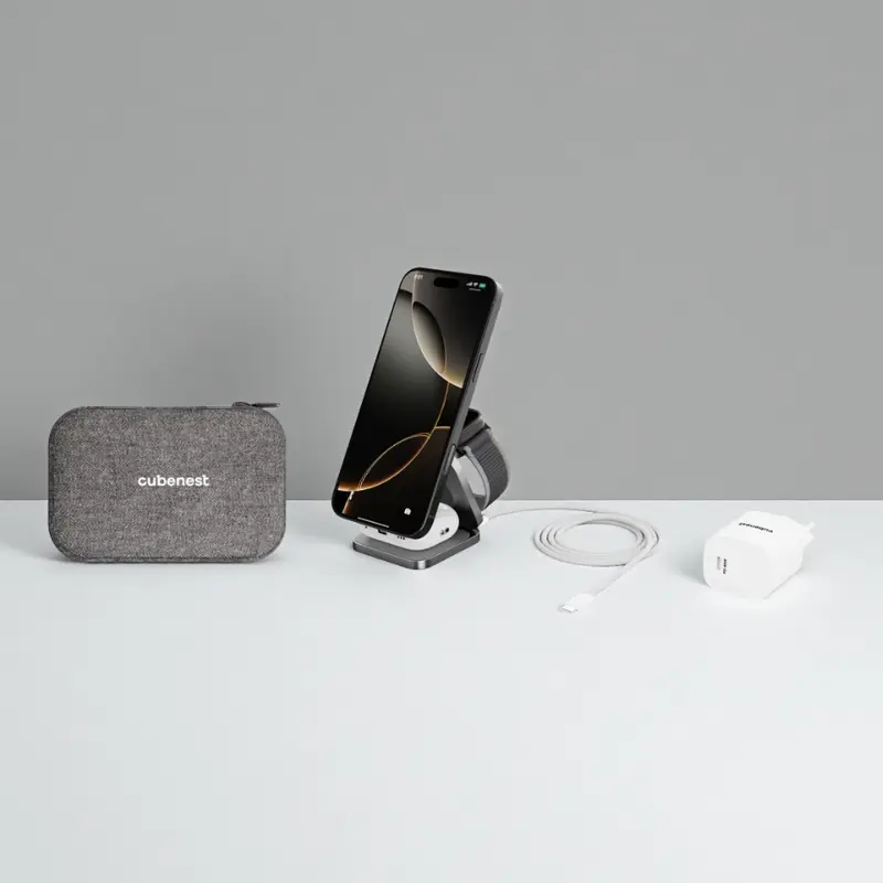 Cubenest Qi2.2 Încărcător magnetic wireless pliabil 3 în 1 SQ312 Ultra gri