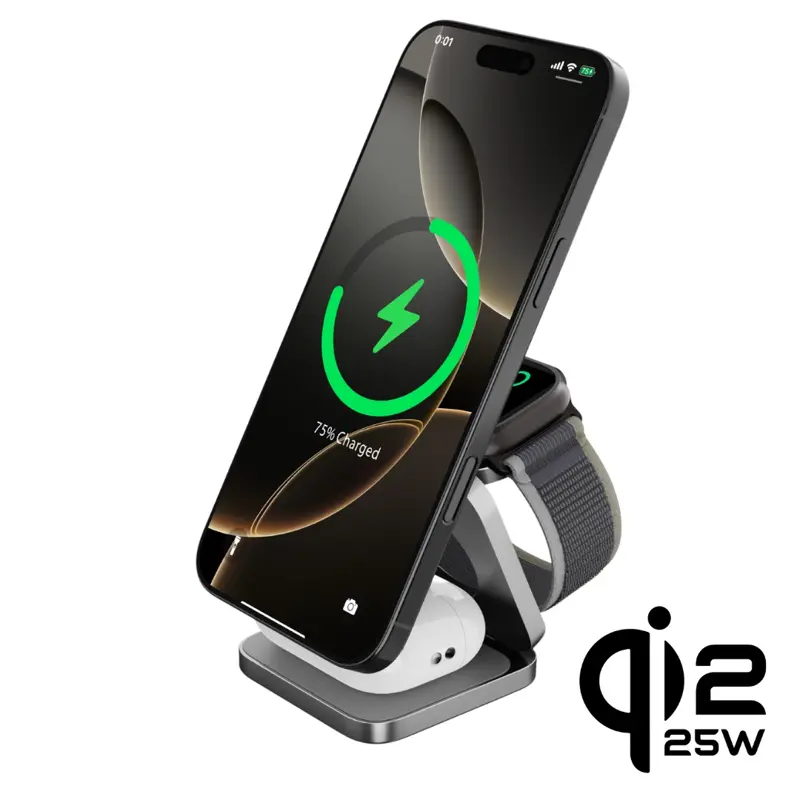Cubenest Qi2.2 Încărcător magnetic wireless pliabil 3 în 1 SQ312 Ultra gri