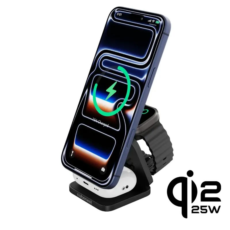 Cubenest Qi2.2 Încărcător magnetic wireless pliabil 3 în 1 SQ312 Ultra negru