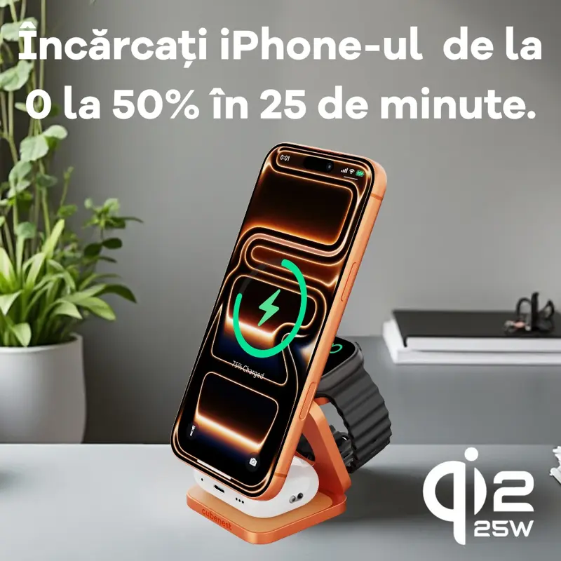 Cubenest Qi2.2 Încărcător magnetic wireless pliabil 3 în 1 SQ312 Ultra portocaliu