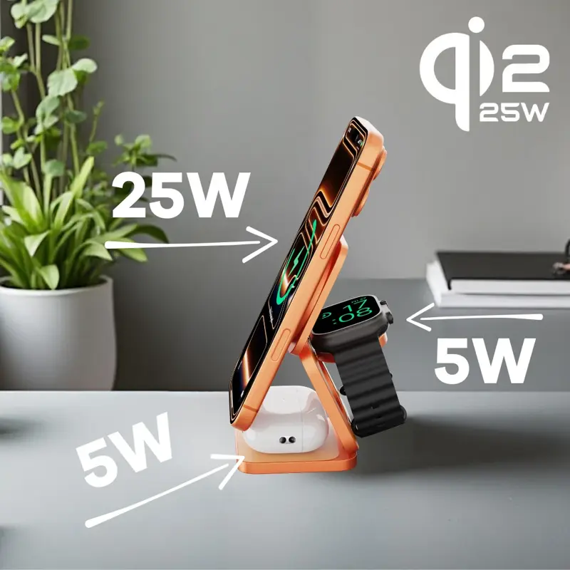 Cubenest Qi2.2 Încărcător magnetic wireless pliabil 3 în 1 SQ312 Ultra portocaliu