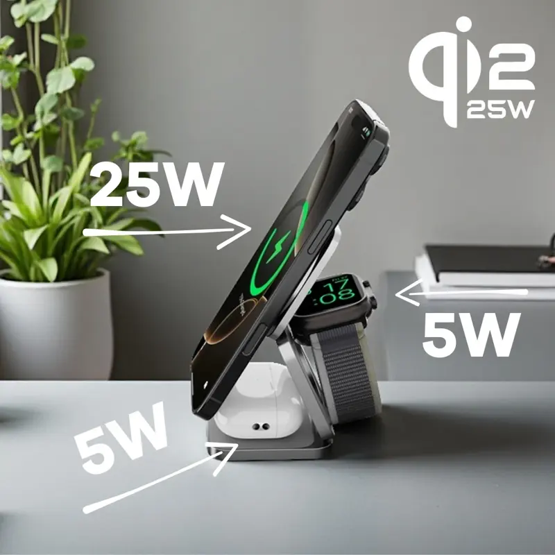 Cubenest Qi2.2 Încărcător magnetic wireless pliabil 3 în 1 SQ312 Ultra gri