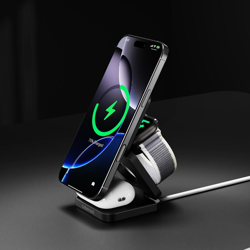 Cubenest Qi2.2 Încărcător pliabil magnetic wireless 3 în 1 SQ312 Pro negru