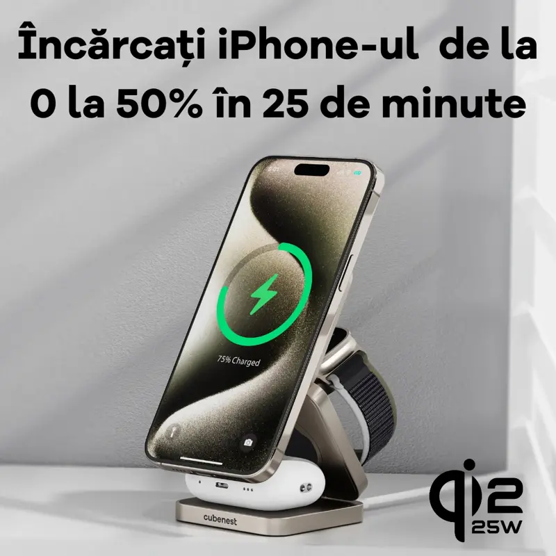 Cubenest Qi2.2 Încărcător pliabil magnetic wireless 3 în 1 SQ312 Pro titan