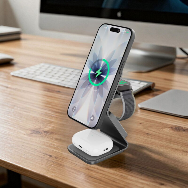 Cubenest Qi2.2 Încărcător magnetic wireless 3 în 1 SQ314 gri
