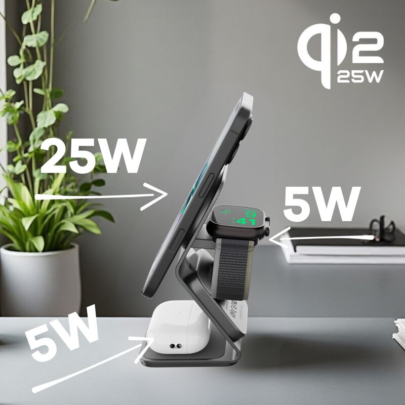 Cubenest Qi2.2 Încărcător magnetic wireless 3 în 1 SQ314 gri