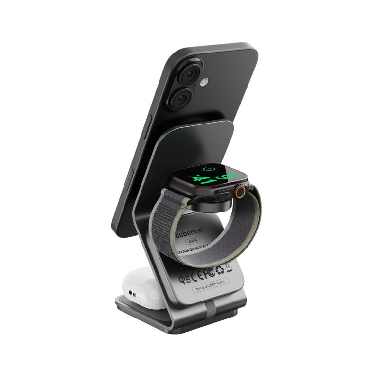 Cubenest Qi2.2 Încărcător magnetic wireless 3 în 1 SQ314 gri