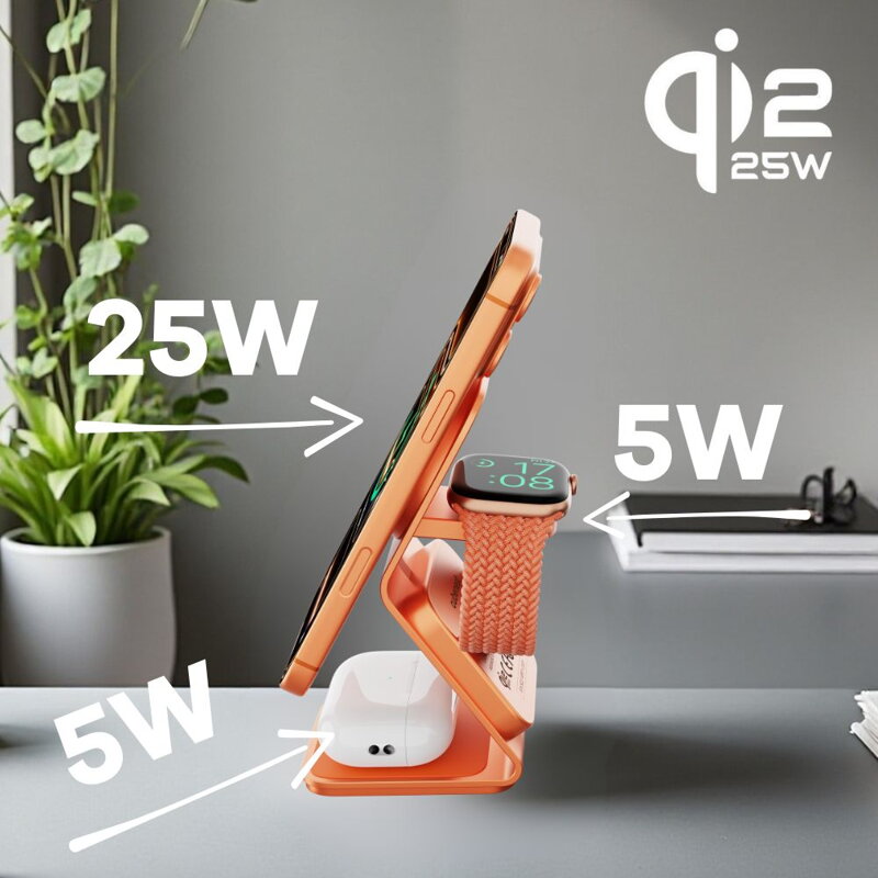 Cubenest Qi2.2 Încărcător magnetic wireless 3 în 1 SQ314 portocaliu